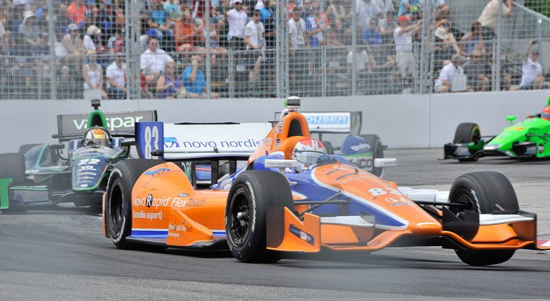 Charlie Kimball, seen taking a corner during the race, had his best career finish placing second. The 27-year-old is well known for being the only driver on the series with diabetes (John Lucero)